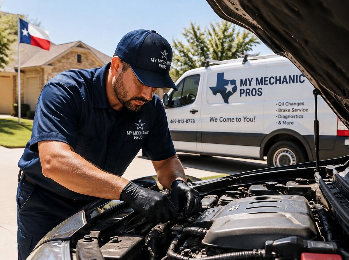 Mobile mechanic repairing a car engine in a Texas driveway